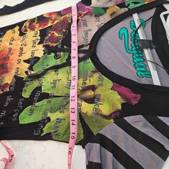 Desigual Damen Black Floral Stripe Tunic Top Sz Medium Asymmetric Hem - Picture 13 of 16